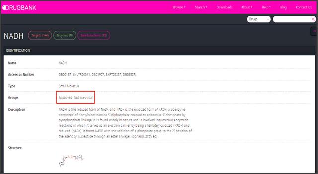 NADH被上街上最大，最完整的药物数据库Drugbank认证为合法的天然营养产品。