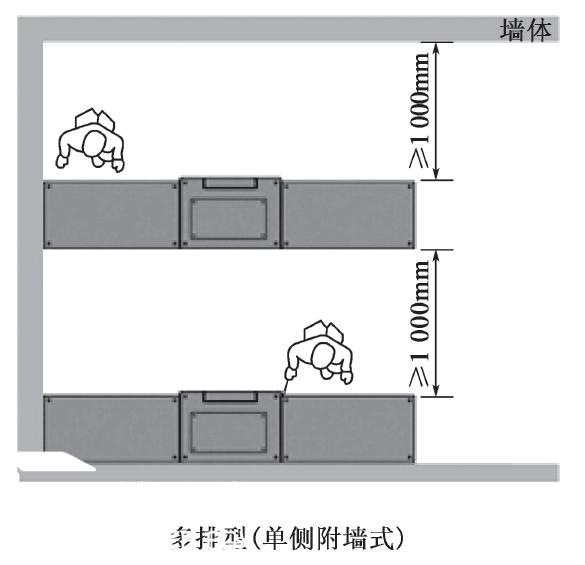 多排型单侧附墙的智能快件箱摆放示意图