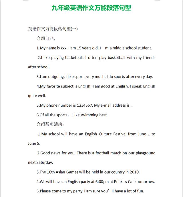 九年级英语作文题 范文24篇 万能段落句型归纳 背熟中考不丢分 小初高题库试卷课件教案网