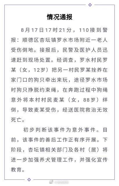 镇政府回应老人被狗绳绊倒身亡 赔偿金多少责任怎么定?