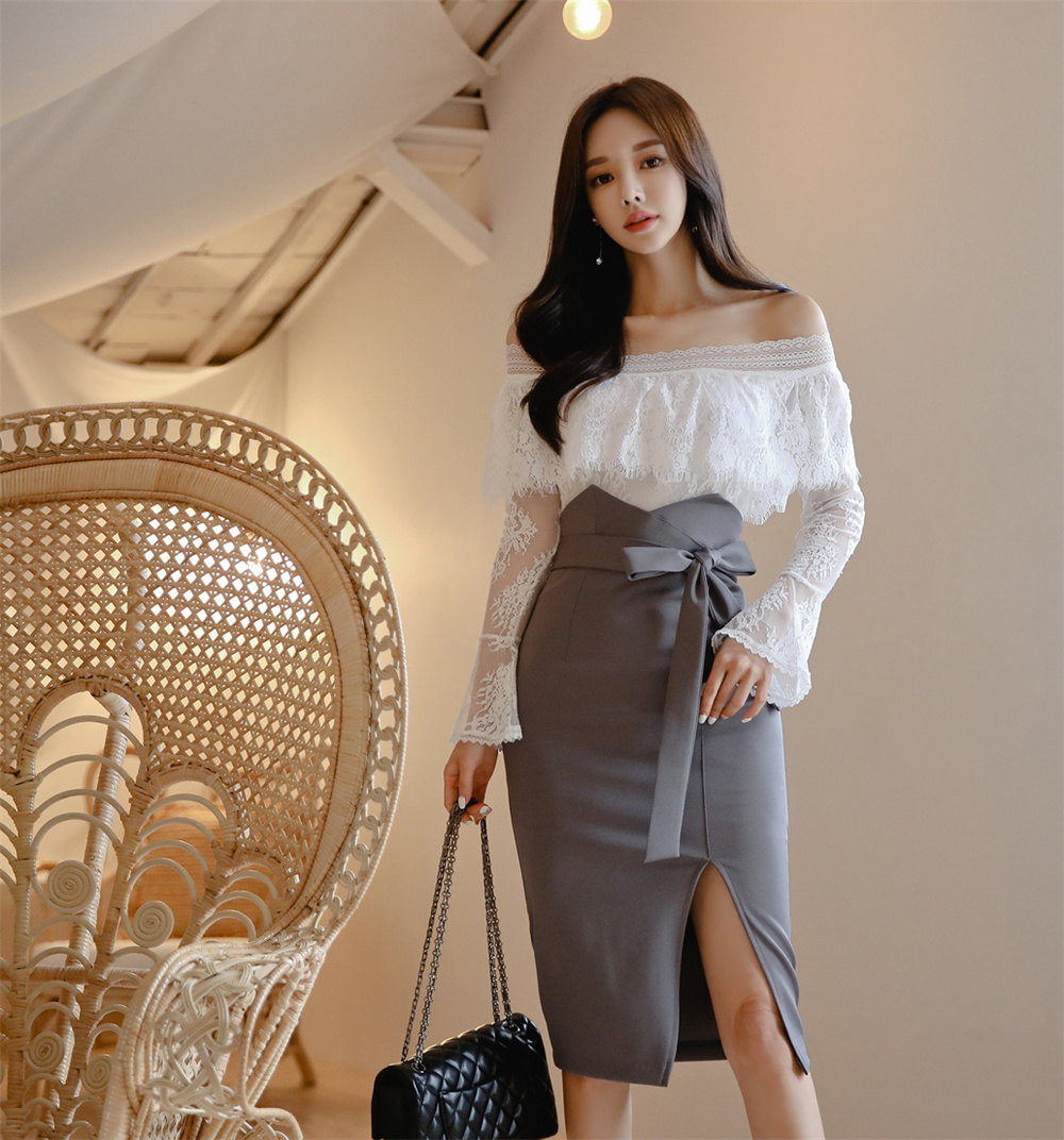 孙允珠丨雅致清灰蕾丝层叠镂花拼搭裙