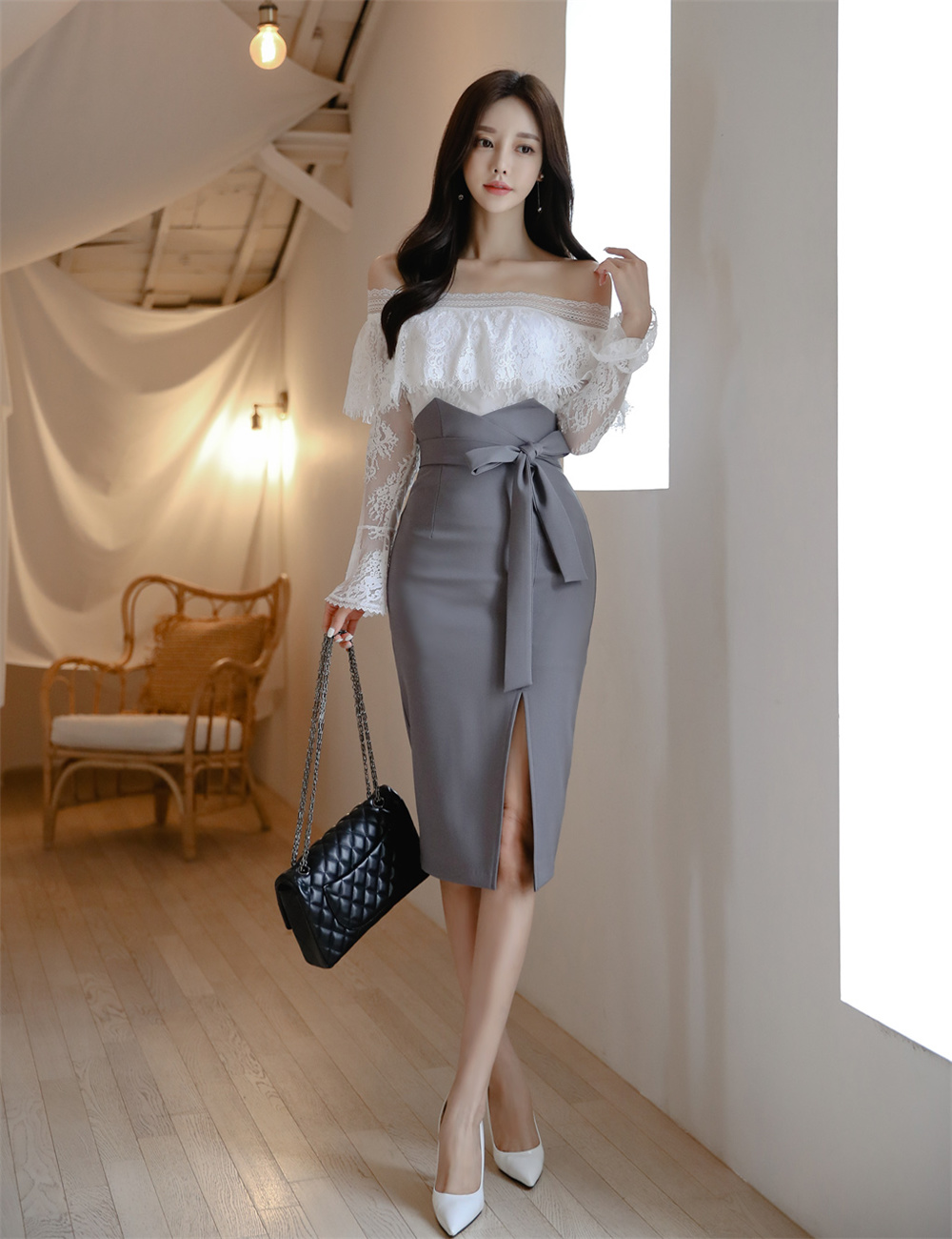 孙允珠丨雅致清灰蕾丝层叠镂花拼搭裙