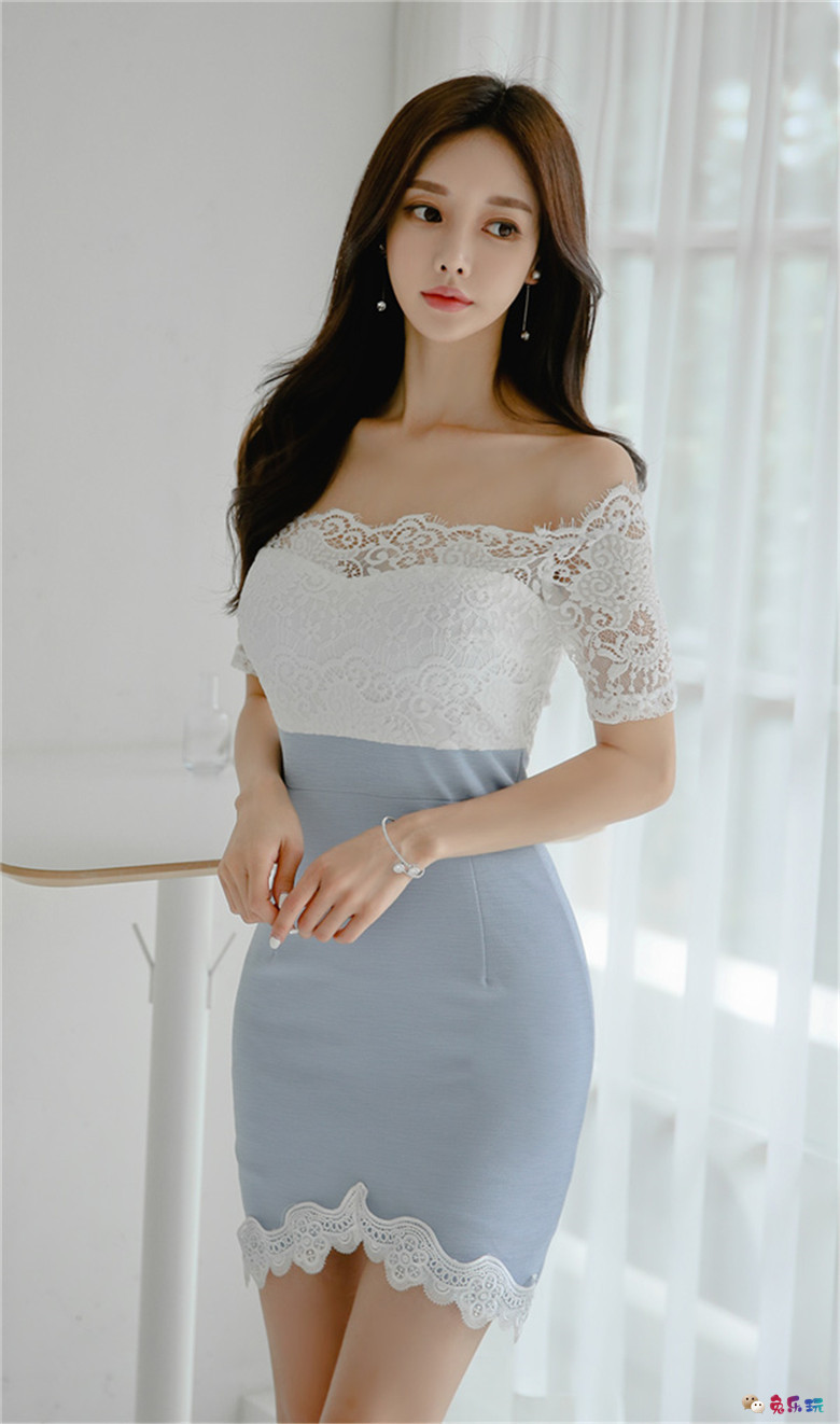 孙允珠丨蓝凌紫潇润白晶莹抹肩拼搭裙