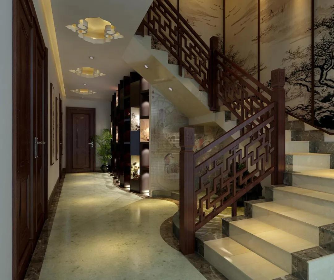 2017中式风格复式室内高档红木楼梯扶手装修效果图 – 设计本装修效果图